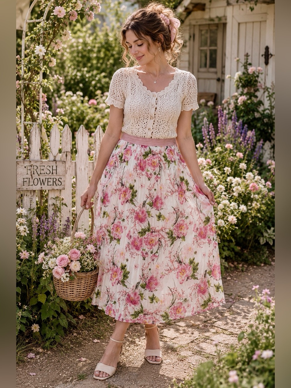 Harmony & Havoc Floral Pleated Midi Skirt XL Cottagecore Pink Pull-On